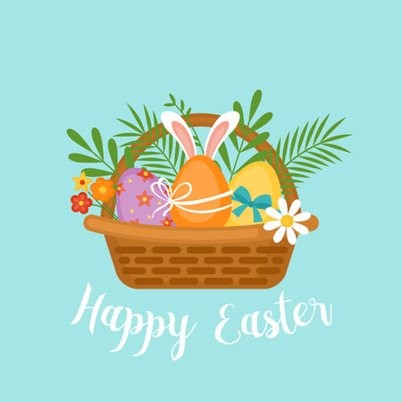 Easter holiday banner design with Easter eggs in basketのイラスト素材