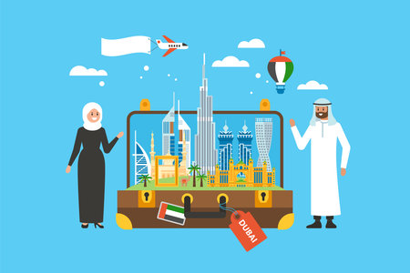 Travel to Dubai concept with skyline, famous buildings landmark in suitcase and arab people charactersのイラスト素材