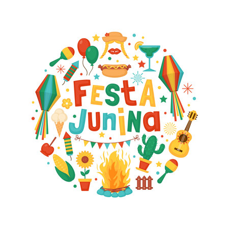 Festa Junina festival greeting card design. Brazilian Latin American festival celebration concept.のイラスト素材