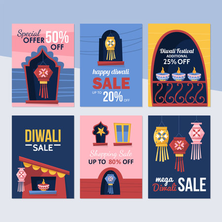 Diwali Hindu festival sale flyer design set for social media with windows decorated for holiday.のイラスト素材