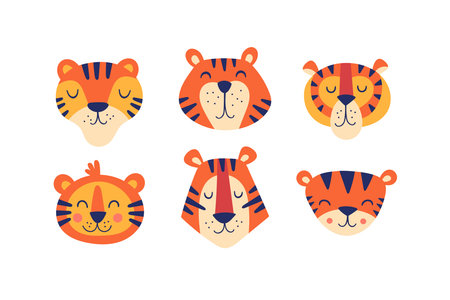 Cute tiger head character design set for Chinese New Year. Childish print for cards, party invitations and decoration.のイラスト素材