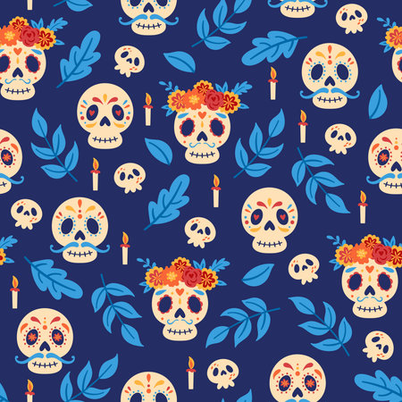 Seamless pattern for Day of the dead Dia de los Muertos holiday. Childish background for fabric, wrapping paper, textile, wallpaper and apparelのイラスト素材