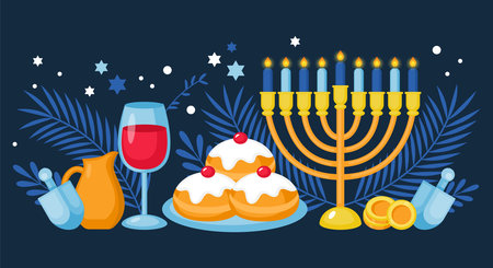 Hanukkah holiday banner design with menorah, sufganiyot and spinning top. Background template for social media, greeting card and posterのイラスト素材
