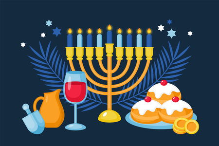 Hanukkah holiday banner design with menorah, sufganiyot and spinning top. Background template for social media, greeting card and posterのイラスト素材
