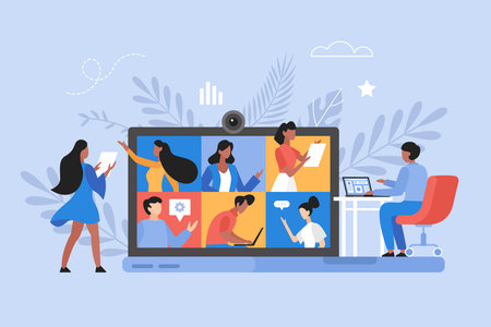 Online business meeting, and video conference concept.  Teamwork thinking and brainstorming vector illustrationのイラスト素材