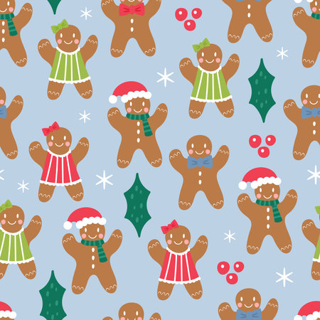 Seamless pattern for Christmas holiday with cute gingerbread man cookies. Childish background for fabric, wrapping paper, textile, wallpaper and apparel. Vector illustrationのイラスト素材