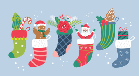 Christmas holiday cute sock set. Childish print for cards, stickers and party invitations. Vector illustrationのイラスト素材