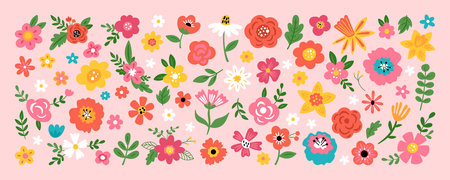 Cute flowers set for Easter holiday and spring season decoration. Childish print for cards, stickers, banner and invitationsのイラスト素材