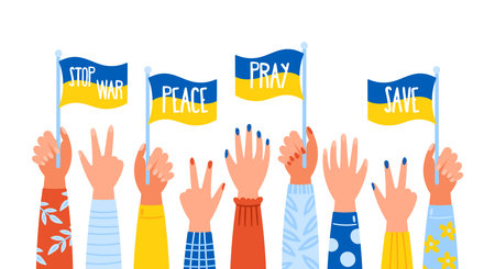 Save Ukraine and peace concept with hands holiding Ukraine national flag. Childish print for social media, poster and banner designのイラスト素材