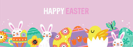 Easter holiday banner design with Easter eggs, green leaves and bunny. Greeting card template...