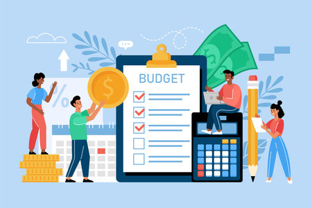 Budget planning and financial management business concept.  Modern vector illustration of people improving  business performanceのイラスト素材
