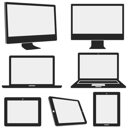 Electronic Device Icons - Set of electronic device icons with different angles, isolated on a white background   Devices include desktop computer, laptop, and tablet のイラスト素材