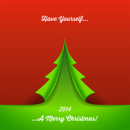 Paper Christmas Tree Background - Christmas background with green folding paper tree on red background   のイラスト素材
