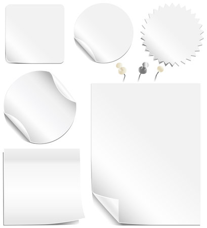 White Labels and Pages - Realistic white and silver thumbtacks also included.  Each element is grouped individually for easy editing.のイラスト素材