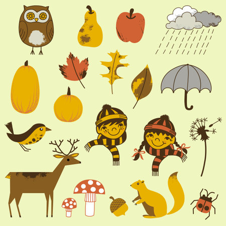 A collection of 20 hand-drawn Autumn elements.  Each element is grouped individually for easy editing.  Colors can be edited easily.のイラスト素材