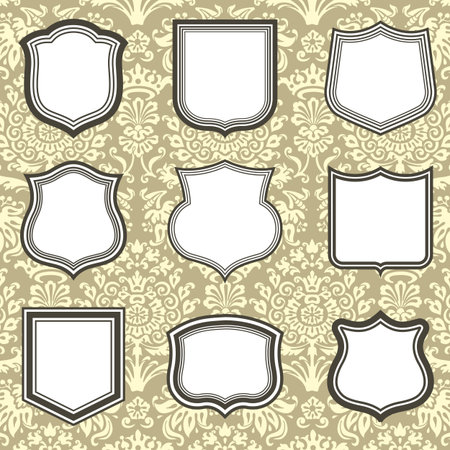 Shield Frames on Damask Background - Set of shield frames on seamless damask background.  Damask background is behind a clipping mask.  Colors are global, and file is layered for easy editing.のイラスト素材