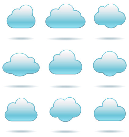 Cloud Icons - Set of nine cloud icons with drop shadows.  Colors are global swatches, so they can be modified easily.のイラスト素材