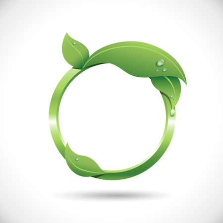 Leaf Frame - Round frame with fresh leaves and dewdrops.  Frame is colored with just a few global swatches, so file can be recolored easily.のイラスト素材