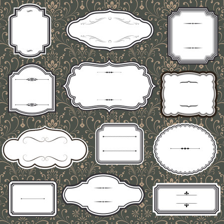 Set of Vintage frame and label shapes on seamless damask backgroundのイラスト素材