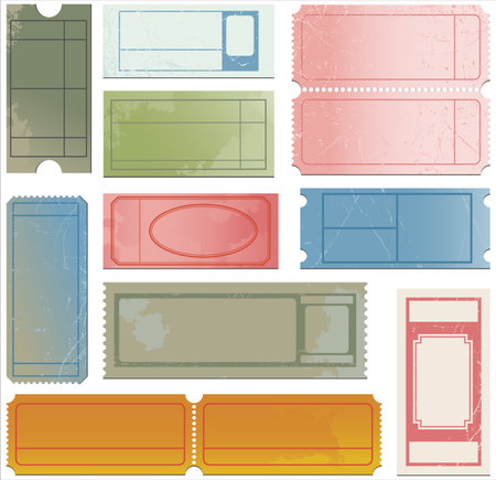 Vintage Tickets - Set of vector vintage tickets with creases, wear and discoloration.  Each ticket is grouped separately for easy editing.のイラスト素材