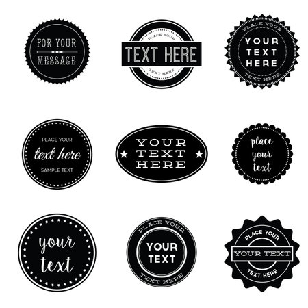 Vector Set of Retro Stamps and Badges - Set of 9 vintage black and white stamps and labels. Each element is grouped for easy editing.のイラスト素材