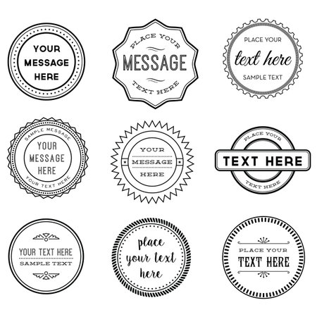 Vector Set of Retro Stamps and Badges - Set of 9 vintage black and white stamps and labels. Each element is grouped for easy editing.のイラスト素材