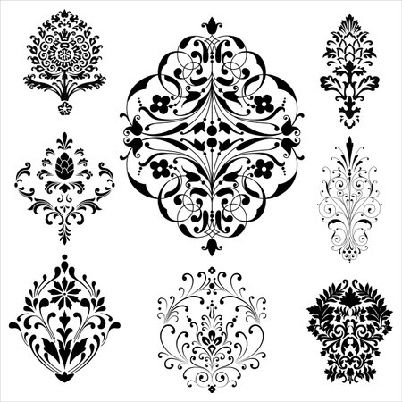 Damask Ornaments - Set of damask ornaments.  Each ornament is grouped individually for easy editing.のイラスト素材