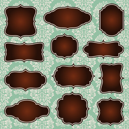 Vintage Frames on Damask Background  Set of Vintage frame and label shapes on seamless damask background. のイラスト素材