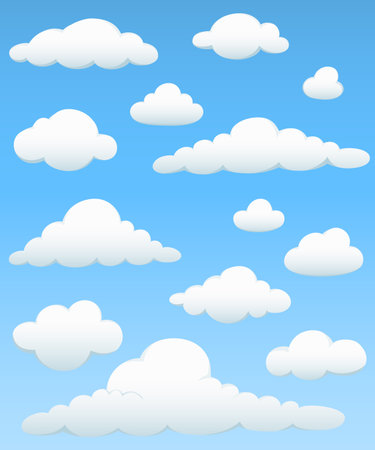 Cloud Element Set  Set of cloud elements on a blue sky background.  Colors are just a few global swatches so file can be recolored easily.のイラスト素材