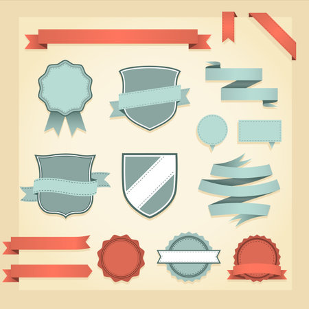 Retro Banners, Ribbons  Badges - Set of retro banner, ribbon and badge design elements.   Colors are global, so file can be recolored easily.  All elements are grouped separately, and file is well layered for easy editing.のイラスト素材