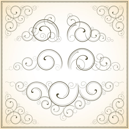 Ornate Vector Scrolls - Set of scroll ornaments.  Each element is grouped individually.  Colors are global for easy editing.のイラスト素材
