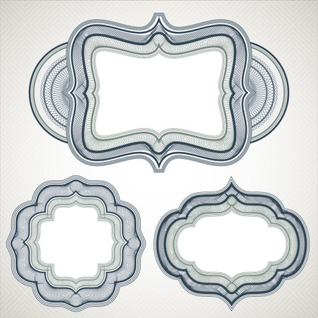 Guilloche Frames - Set of ornate, currency style frames on seamless pattern background.  Each element is grouped individually.  Seamless pattern tile included in swatches window.  Repeating border brushes are included in brushes window.のイラスト素材
