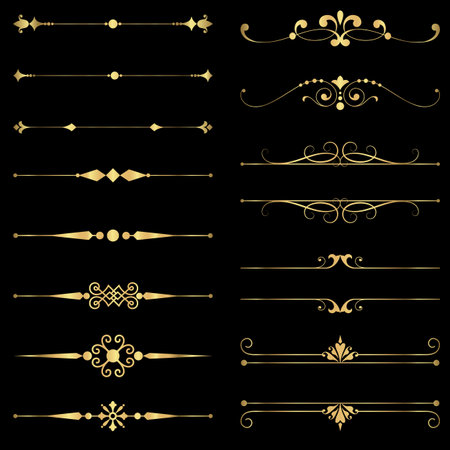 Gold Rule Lines and Ornaments - Set of vector text dividers and frame in gold.  File is layered, and each element is grouped separately for easy editing.  Colors are just a few global swatches, so elements can be recolored easily.のイラスト素材