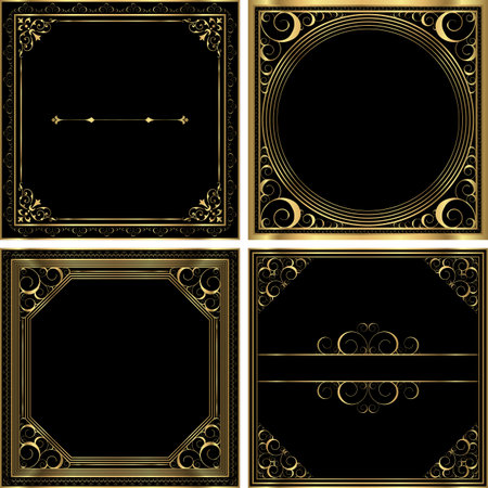 Gold Vintage Backgrounds - Set of 4 vintage style backgrounds with gold frame and ornaments.  Colors are just a few global swatches, so file can be recolored easily.  Each label is on a separate layer.のイラスト素材