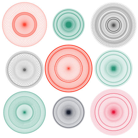 Spirograph Designs - Set of Abstract radial spirograph designs.  Colors are global for easy editing.のイラスト素材