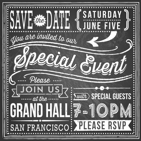 Vintage Chalkboard Invitation - Vintage chalkboard invitation design with retro and hand-drawn elements. File is layered, each object is grouped separately, and colors are global for easy editing. Texture can be removed.のイラスト素材