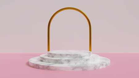 Abstract, 3d rendered pink  with marble podium and gold archの写真素材