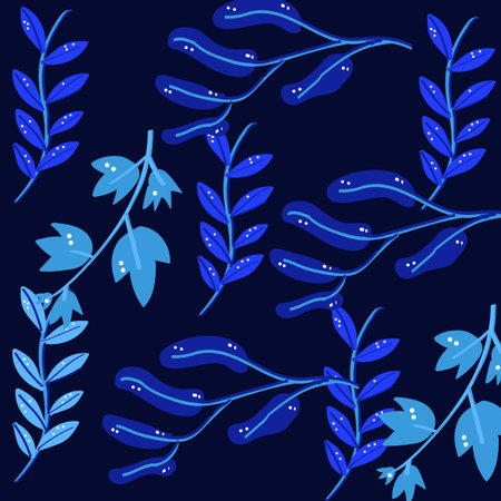 Spring Summer watercolor blue leaves. Garden leaves and herbs on blue background. Colorful backdrop for textiles, paper, wallpaper.の写真素材