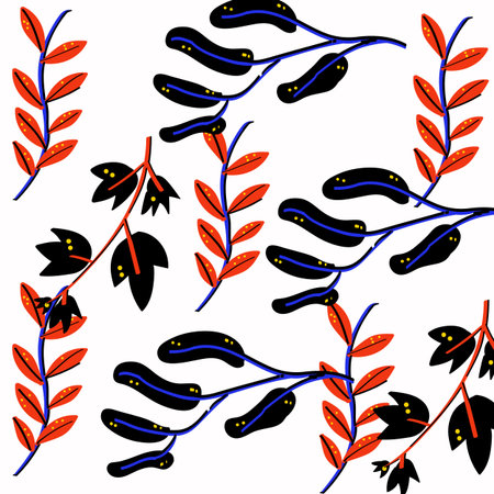 Collection of leaves and flowers with folk ornaments on white background. Hand drawn flat doodle illustration with stylized decorative diffrent floral elements.の写真素材