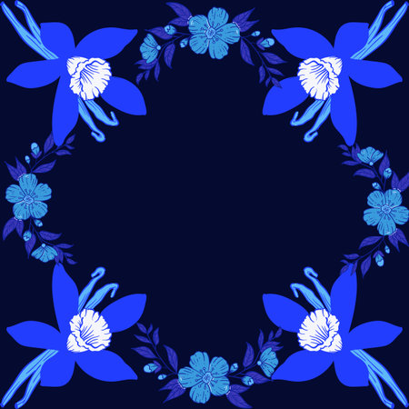 Circle frame of flowers with blank space in the middle on black backgroundの写真素材
