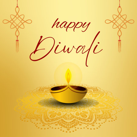Innovative header, banner, social media post or poster for Diwali festival. Golden colour greeting card design with diya (Deepak), lamp, rangoli and Text.の写真素材