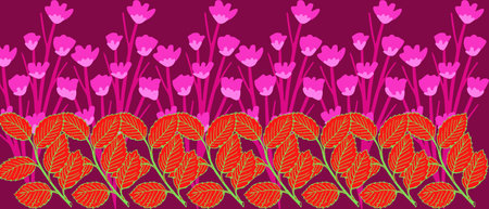 Red leaf over pink flower background. Beautiful abstract horizontal floral frameの写真素材