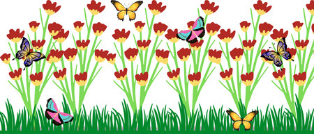 Illustration of beautiful flower garden with grass, tulips flower and colourful butterfliesの写真素材