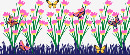 Tropical birds and flowers. Panoramic border with butterfly, palm leaves, tulips and grass. Beautiful illustration for wall painting and fashion design.の写真素材