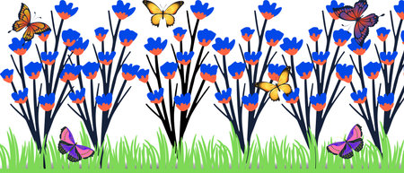 Hand drawn romantic colourful garden illustration. Flower, butterfly and grass in the garden.の写真素材