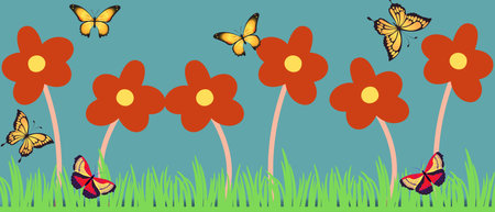Simple and unique flower, butterflies and grass background designの写真素材