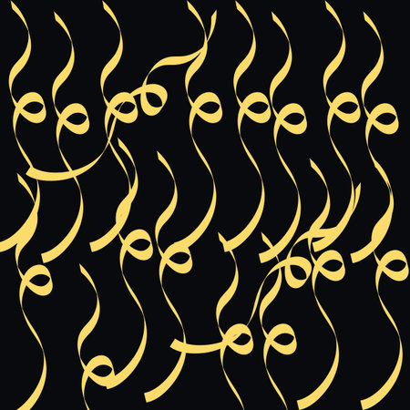 Yellow confetti ribbon falling over black backgroundの写真素材