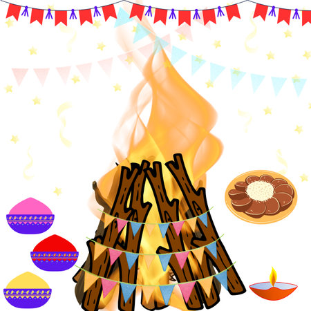 Holika Dahan illustration with burning wood, colour plate, diya, confetti and sweets. Holika Dahan is a Hindu festival which celebrate one day before Holi.の写真素材