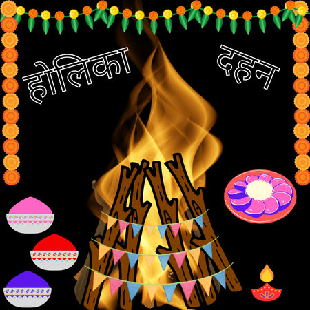 Happy Holika Dahan Indian festival banner poster design. Holika Dahan banner with text, colour element, diya, sweet garland etc.の写真素材