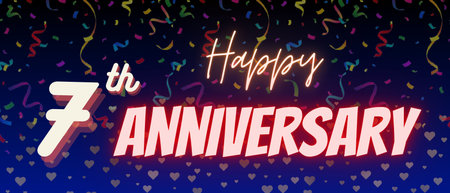 7th or seventh anniversary banner with neon text. Happy seventh anniversary or birthday poster for greetings.の写真素材